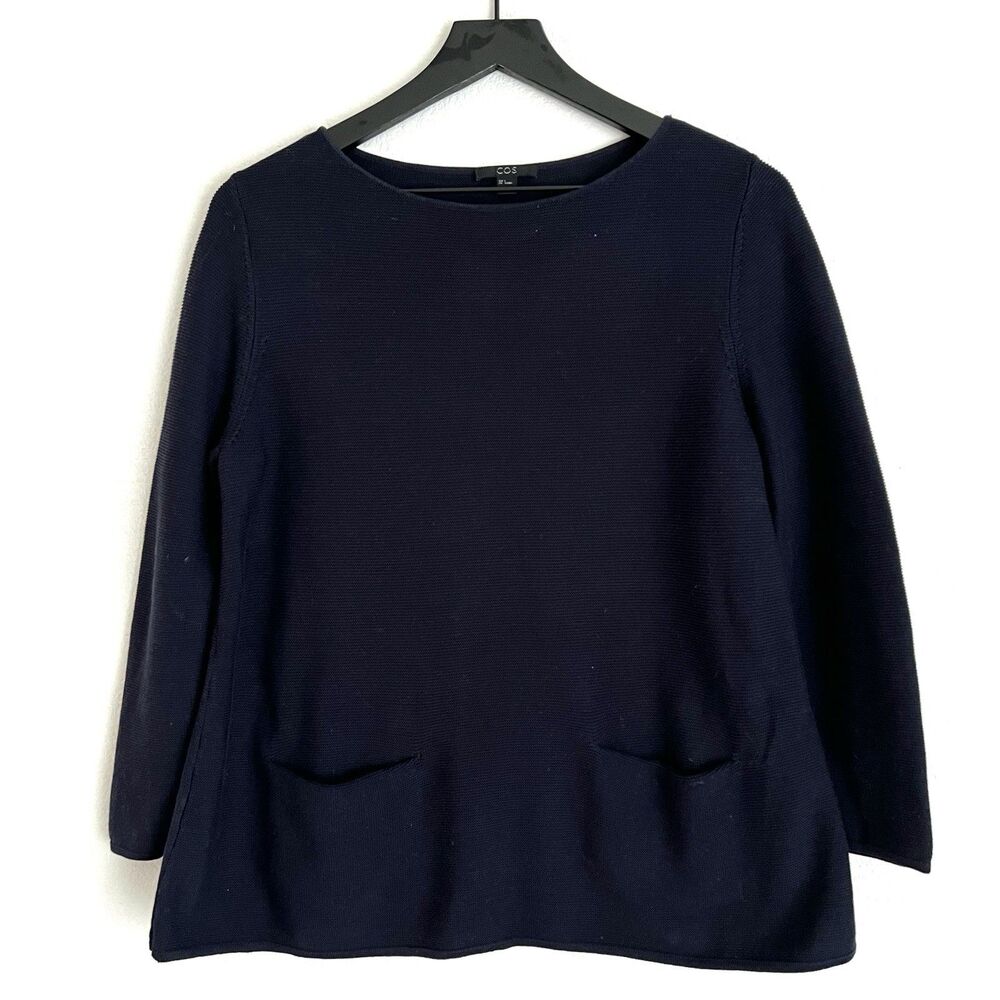 Women's COS Long Sleeve Pockets Navy Blue Sweater Size Small Cotton - Picture 1 of 8